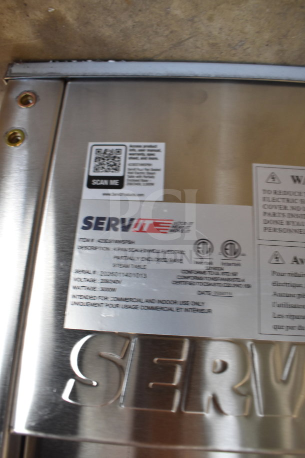 ServIt 423EST4WSPBH steam table label, 4-pan, electric, 208/240V, partially enclosed base, commercial use, new condition.