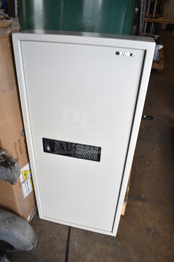 White Barska AX13368 wall-mount 240-key cabinet/safe with digital keypad and key lock, new, 15 11/16" x 4 3/4" x 34".