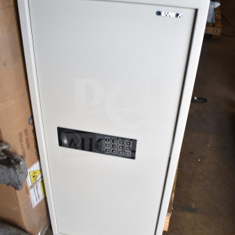 White Barska AX13368 wall-mount 240-key cabinet/safe with digital keypad and key lock, new, 15 11/16" x 4 3/4" x 34".