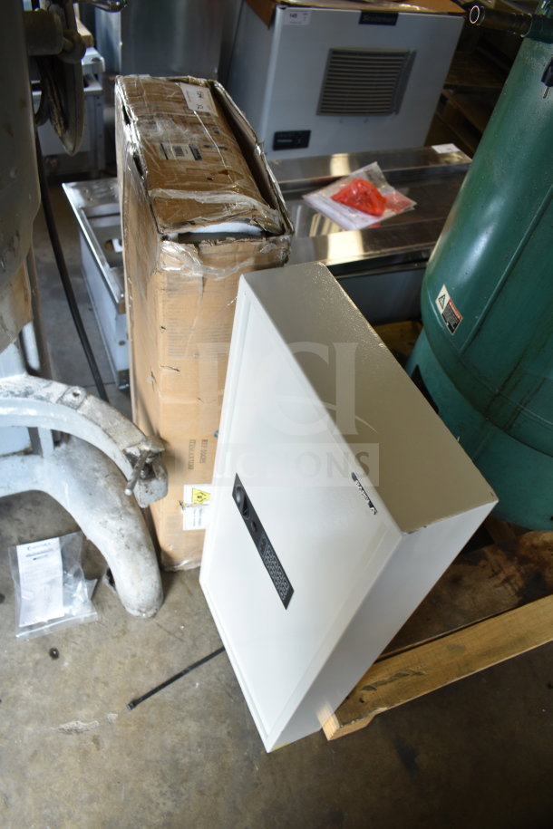 Barska AX13368 white steel wall-mount 240-key cabinet with digital keypad and key lock, new scratch and dent condition.