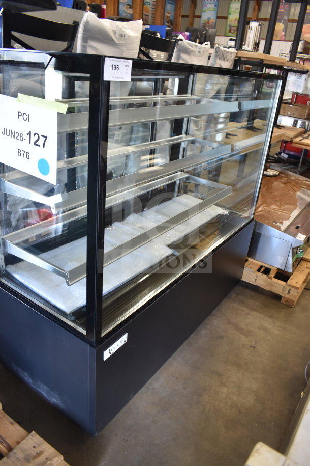 Brand new Avantco 193BCF60B black refrigerated display case, square glass design, 110-120 Volts, minor scratches visible.