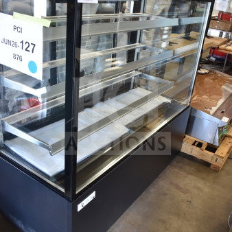 Brand new Avantco 193BCF60B black refrigerated display case, square glass design, 110-120 Volts, minor scratches visible.