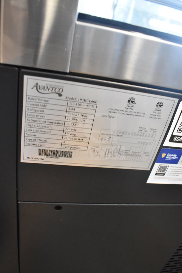 Brand new Avantco 193BCF60B refrigerated bakery display case with square glass design. 110-120V, minor scratches. Tags show specs.