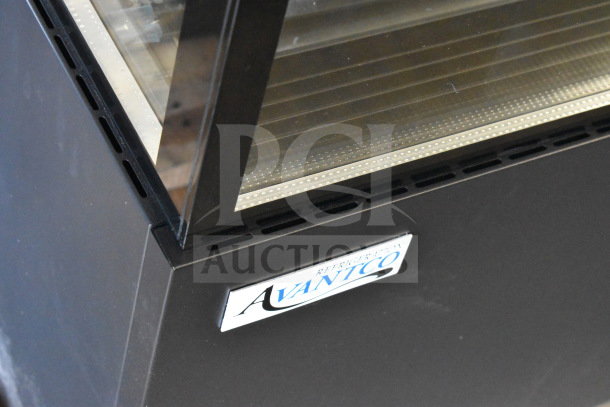 Brand new Avantco 193BCF60B square glass black refrigerated display case, 110-120 volts, with minimal cosmetic dent.