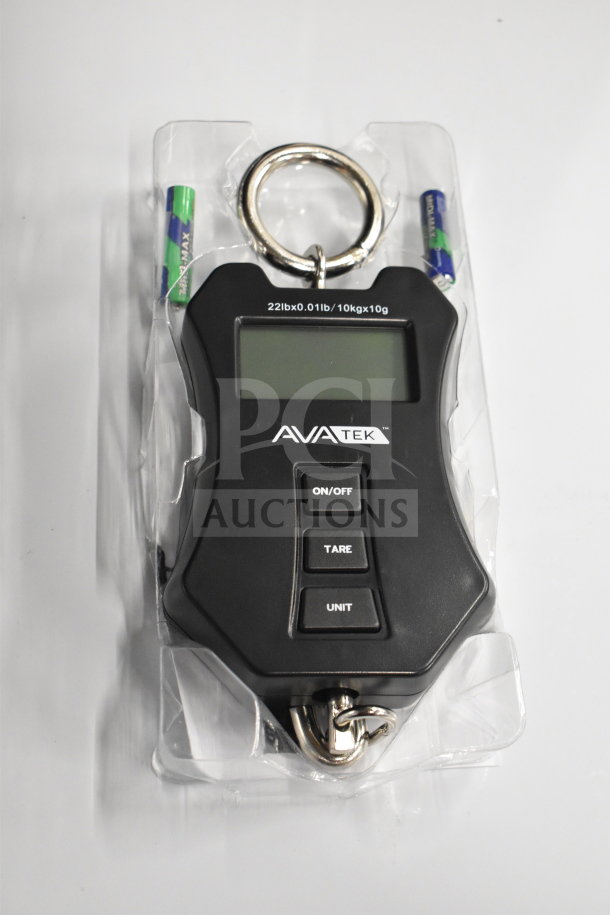Brand new AvaTek HSD20 digital hanging scale, 22 lb capacity, with tare and unit buttons, on/off switch, and metal hook.