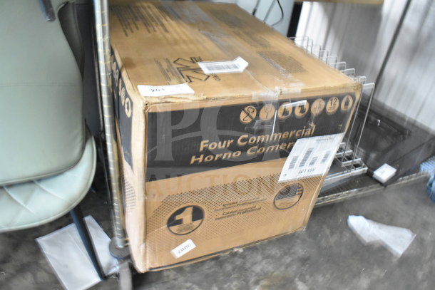 Brown box for BRAND NEW SCRATCH AND DENT! ACP XpressChef 2c JET19V Jetwave Oven, visible barcode and product label.