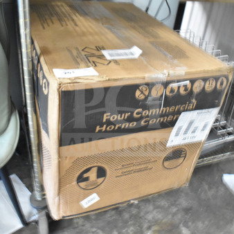 Brown box for BRAND NEW SCRATCH AND DENT! ACP XpressChef 2c JET19V Jetwave Oven, visible barcode and product label.