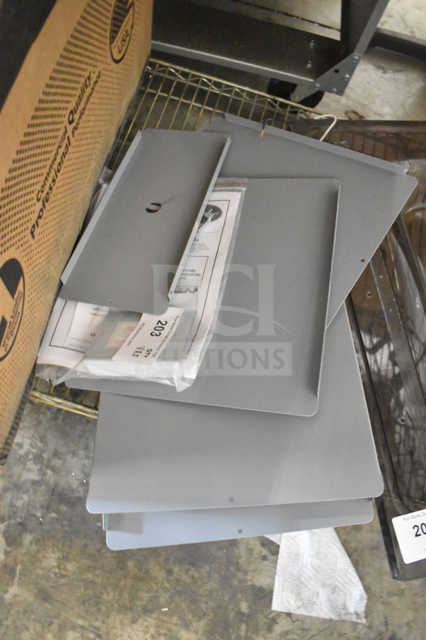 Five new gray metal pieces, minor scratches and dents, packaged with labels. Durable and versatile.