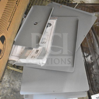 Five new gray metal pieces, minor scratches and dents, packaged with labels. Durable and versatile.