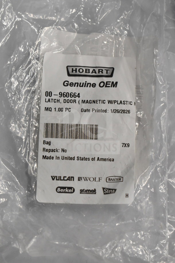 Hobart OEM 00-960664 magnetic door latch packaging, new condition, made in USA. Includes Vulcan and Wolf branding.