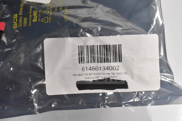 "Brand new Pitco 60134002 Driver Bd. Cntrl, sealed in static shielding bag with barcode and product label visible."