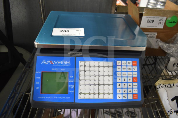 Brand new AvaWeigh 334PCSP60 thermal label printing/price computing scale, minor scratches, blue digital display.