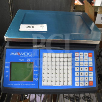 Brand new AvaWeigh 334PCSP60 thermal label printing/price computing scale, minor scratches, blue digital display.