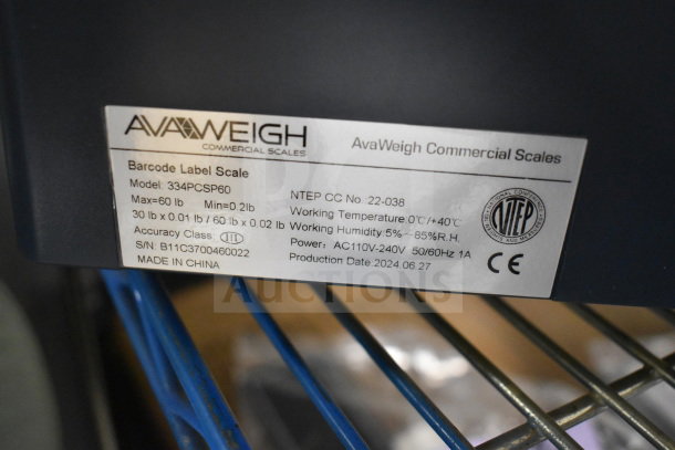 AvaWeigh 334PCSP60 label printing scale, max 60 lb, new condition, minor scratches. NTEP certified, serial B11C3700460022. Made in China.