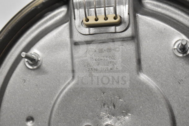 E.G.O. stove plate element showing model number 18.22453.002, 2000W, 230V, with mounting points.