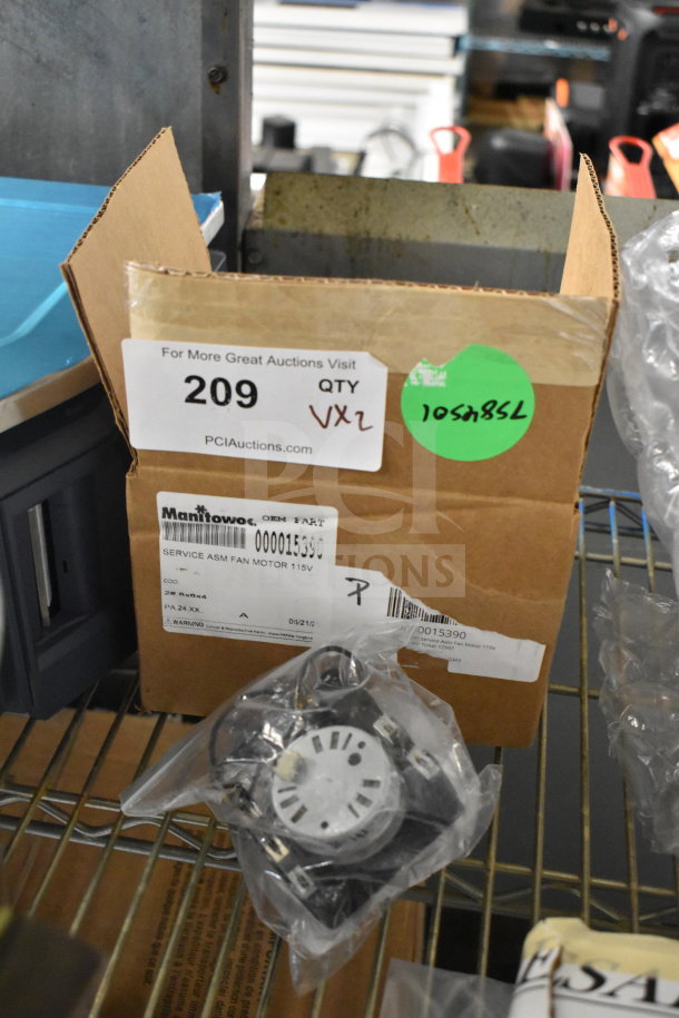 Manitowoc Ice 000015390 Service Asm Fan Motor 115V in box. Includes Relay, new condition, with labeled packaging.