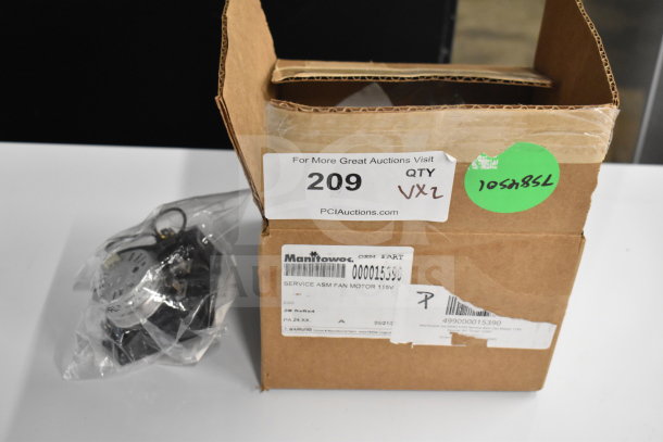 2 brand new scratch and dent items: Manitowoc Ice 000015390 Service Asm Fan Motor 115V and Turbo Air Refrigeration 30227M4000 Relay. Box shows labels and markings.