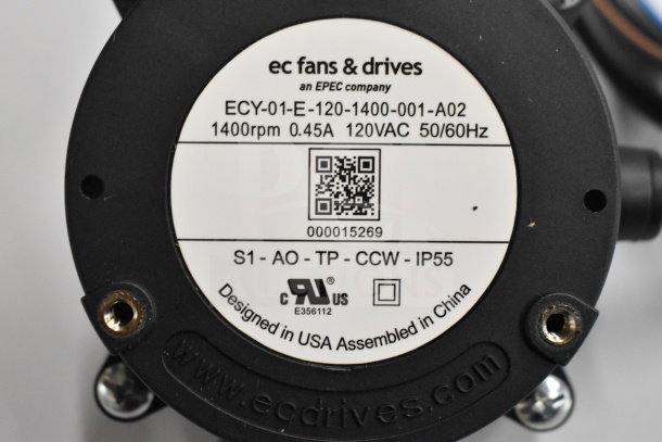 Manitowoc Ice Service Fan Motor 115V, branded label showing specs: 1400rpm, 0.45A, 120VAC, IP55, QR code included.