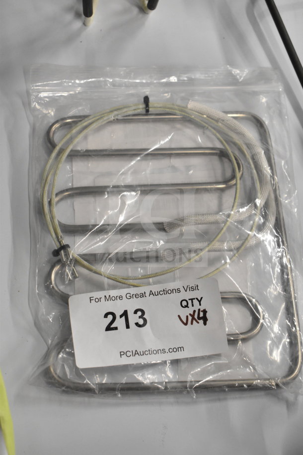 New scratch and dent Hatco, Garland, Pitco elements, packaged, 213 QTY VX4 tag, model numbers visible, ready for auction.