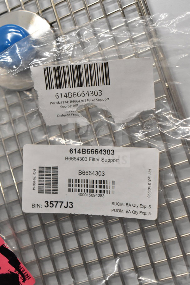 Pitco B6664303 Filter Support, new with minor scratches, visible barcode and labels indicating BIN 3577J3.