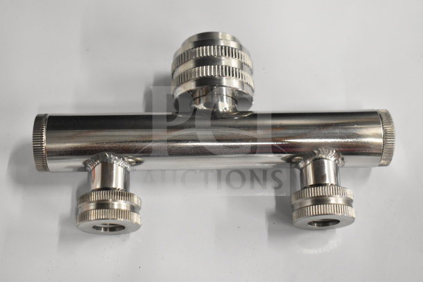 Stainless steel adapter with three knurled knobs, likely Pavoni FS3305 Double Adapter, new condition.
