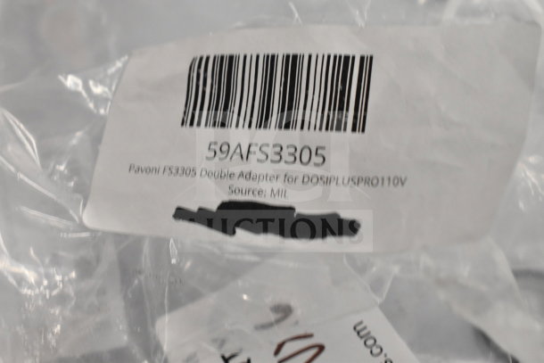 Barcoded label showing Pavoni FS3305 Double Adapter for DOSIPLUSPRO110V, indicating item details and source.