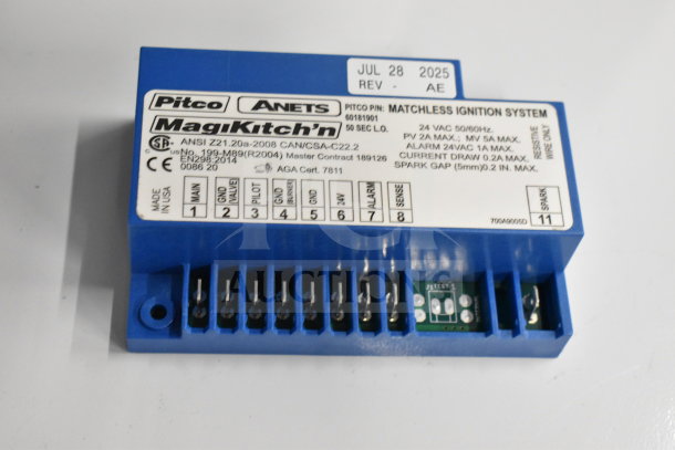 Pitco® MagiKitch'n Matchless Ignition System, model 60181901, 24VAC, made in USA. New condition with detailed wiring ports.