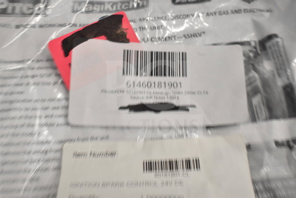 Clear plastic packaging with barcode labels for a Pitco® 60181901-CL ignition spark control, 24V AC.