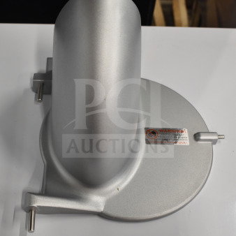 Brand new Avantco 177MX20DOOR front cover with feed chute for MX20 series slicer. Minor scratches and dents visible. Warning label present.