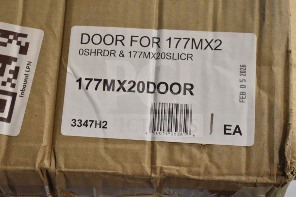 Box labeled "DOOR FOR 177MX2," containing Avantco 177MX20DOOR front cover for MX20 slicer/shredder, brand new condition.