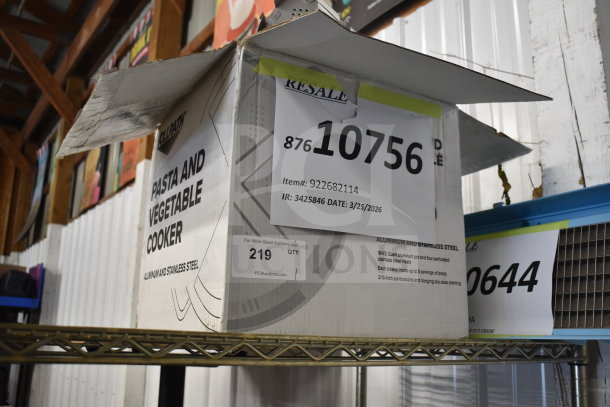 Boxed Vollrath Wear-Ever Vegetable and Pasta Cooker Set, item 922682114, displayed on a shelf.