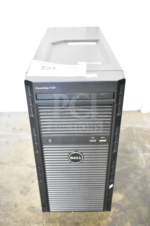 Dell PowerEdge T130 computer tower, front view, black finish, includes optical drive, power button, and USB ports.