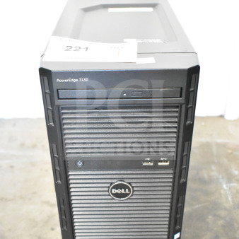 Dell PowerEdge T130 computer tower, front view, black finish, includes optical drive, power button, and USB ports.