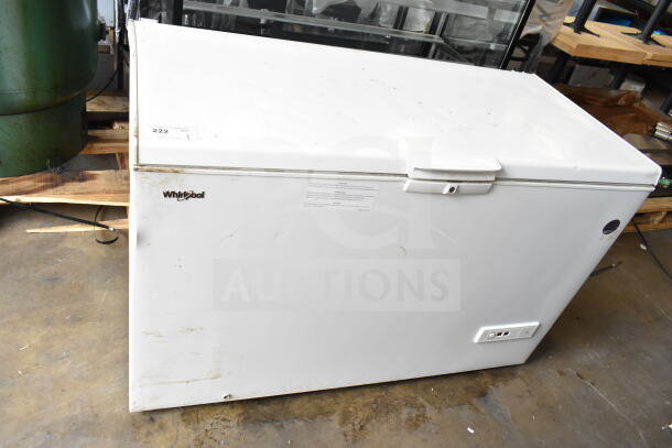 Whirlpool WZC5116LW chest freezer, white, 115V, 1 phase, visible wear, Whirlpool logo, control panel on front.
