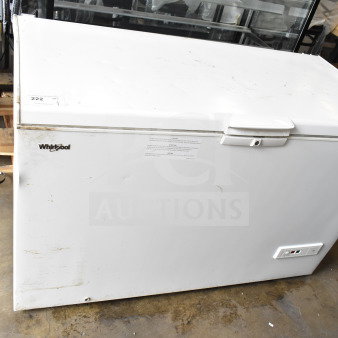 Whirlpool WZC5116LW chest freezer, white, 115V, 1 phase, visible wear, Whirlpool logo, control panel on front.