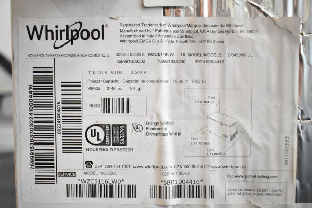 Whirlpool WZC5116LW Chest Freezer label details; 115V, 1 Phase, 16 cu. ft. capacity. Model: WZC5116LW, Serial: SBD1004416. UL Certified.