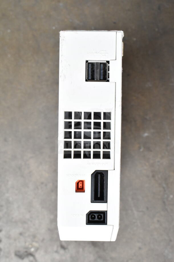 Nintendo Wii console showing rear ports, including AV multi out, sensor bar, and power input.