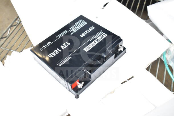 UPS TLV12180 battery, 12V 18Ah, black, in good condition with visible positive and negative terminals.