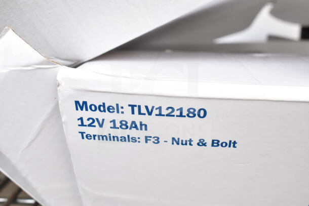 UPS TLV12180 Battery, 12V 18Ah, F3 terminals, nut & bolt, packaging shown.