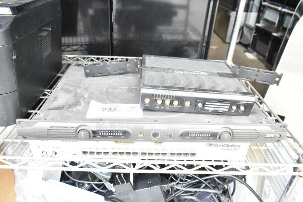 Three electronic items include Cradlepoint AER2200, Samson Servo 120a, and SynOptics LattisHub 2814, shown on a rack.