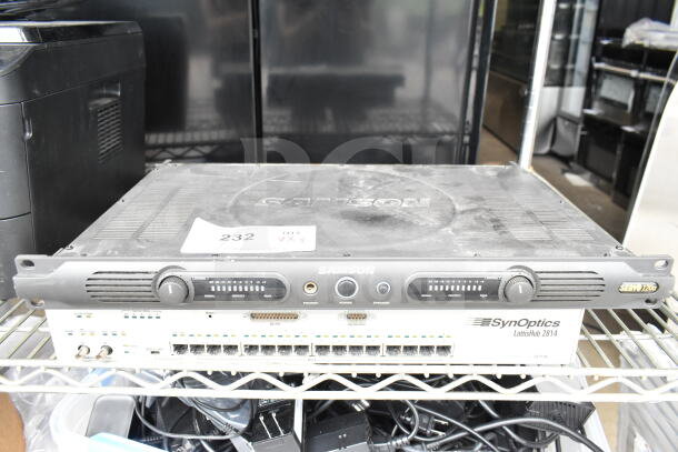 Samson Servo 120a amplifier on SynOptics LattisHub 2814. Dusty condition, labeled "232 VX3." Includes Cradlepoint AER2200.