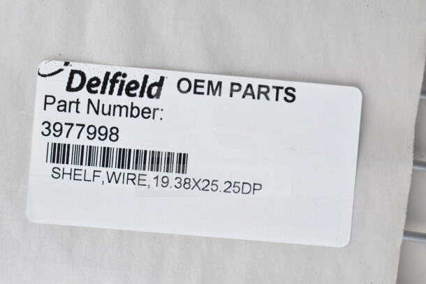 Brand new Delfield wire shelf, part number 3977998, dimensions 19.38x25.25dp, two available. OEM label shown.