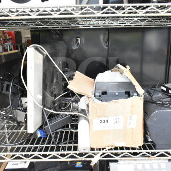 Five electronic items on a shelf, including two POS monitors, one Epson receipt printer, one Dell receipt printer, various cables, and a partially open cardboard box. Label shows "Qty 5" for auction lot 234.