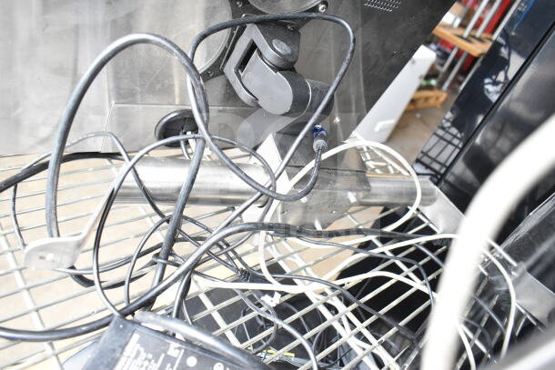 5 electronic items including POS monitors, Epson receipt printer, Dell receipt printer, with cables and mounts, fair condition.