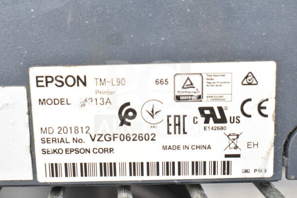 Epson TM-L90 printer label showing model M313A, serial VZGF062602, and various certifications.