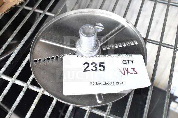 Metal food processor blade with center attachment, labeled "235" with "QTY VX3", indicating three items included.