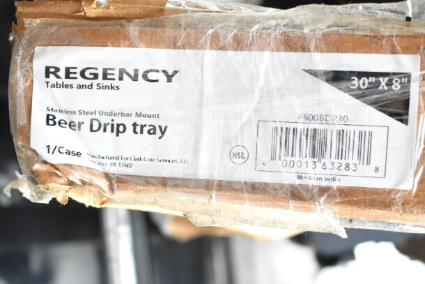 Regency 600BDP30 stainless steel beer drip tray, 30"x8", new condition with packaging label visible.