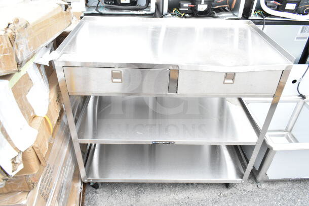 Lakeside 3-tier cart on commercial casters, stainless steel, brand new with scratches and dents, features two drawers.
