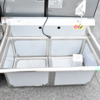 BRAND NEW Steelton 522CS21717 two-compartment sink, 39.5" wide, 17"x17"x12" bowls, no legs, scratch and dent condition.