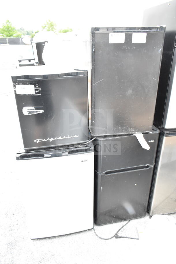 Four mini coolers including Frigidaire, Haier, and Hisense models; 120 volts, 1 phase. Auction item, four times your bid.